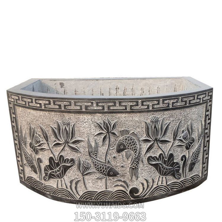 青石浮雕荷花鯉魚(yú)長(zhǎng)形水缸中式庭院養(yǎng)魚(yú)水盆擺件雕塑