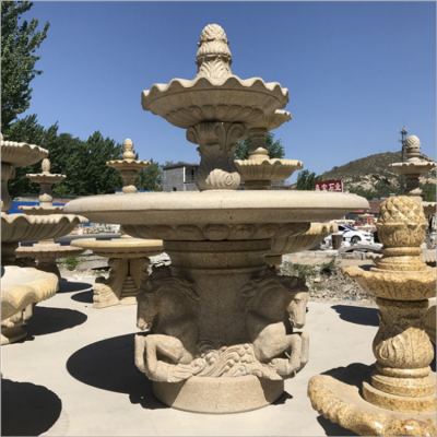 黃蠟石石雕噴泉流水缽，雙層黃色裝飾馬的水缽