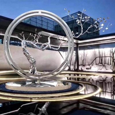 酒店會(huì)所不銹鋼幾何創(chuàng)意樹(shù)枝圓環(huán)擺件