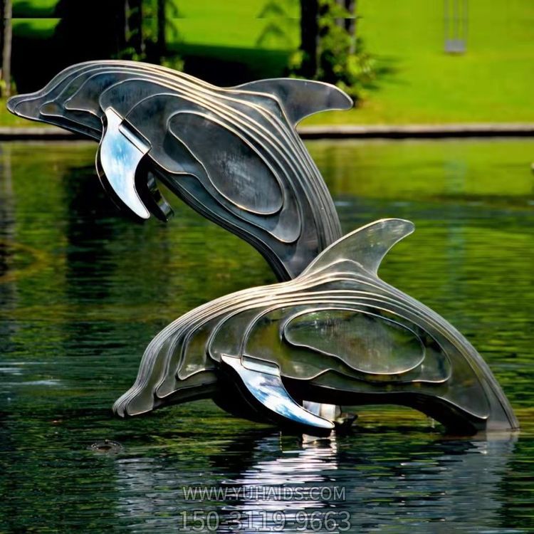 不銹鋼海豚雕塑，池塘水景抽象海豚景觀動物雕塑
