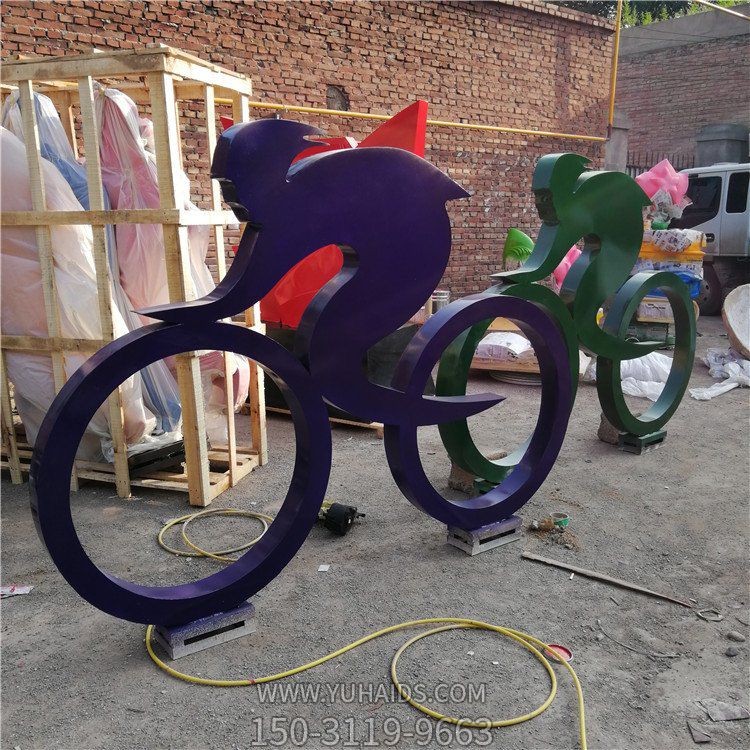 騎自行車，鐵藝剪影運動人物雕塑