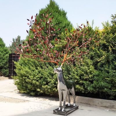 樹葉鹿，不銹鋼鏡面鹿雕塑