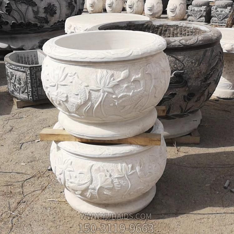 大理石漢白玉浮雕荷花養(yǎng)魚(yú)水缸庭院裝飾擺件雕塑