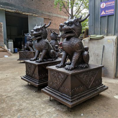 銅麒麟，黃銅鑄造麒麟銅雕一對