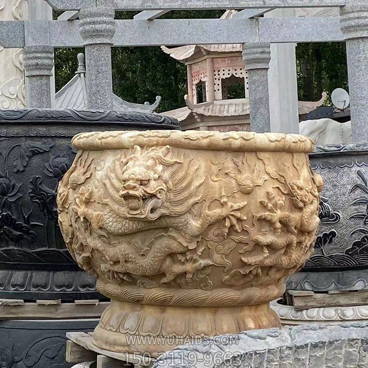 晚霞紅大理石石雕水缸，龍紋魚缸雕塑