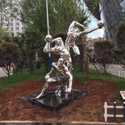 打籃球，不銹鋼鏡面體育運動主題人物雕塑