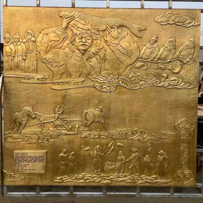 冰湖騰魚，漁文化主題浮雕，銅雕壁畫