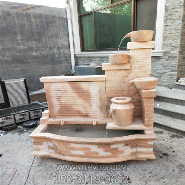 天然石材晚霞紅雕刻流水庭院景觀水槽魚(yú)池?cái)[件雕塑