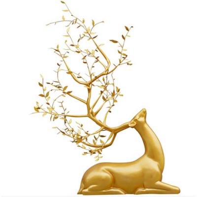 臥姿抬頭梅花鹿，樹(shù)葉修飾創(chuàng)意鹿雕塑