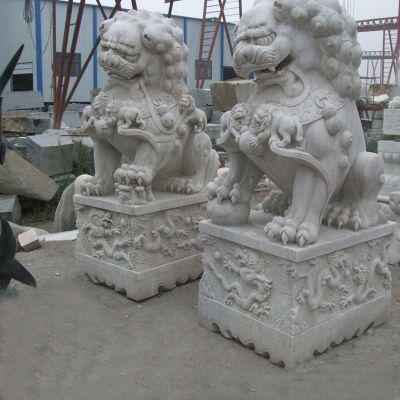 公園景區(qū)大理石石雕浮雕一對看大門口的獅子雕塑