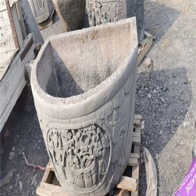 石雕養(yǎng)魚池大魚缸 庭院老石器老半圓砂石缸擺件