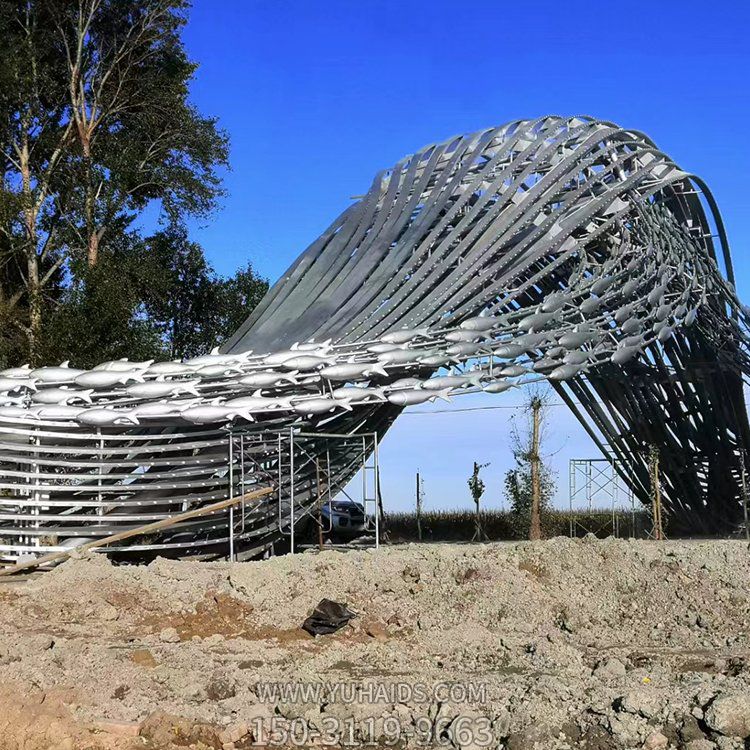 沖浪魚群、水波不銹鋼景觀雕塑