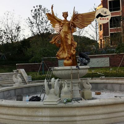 小區(qū)噴泉景觀，水槽+噴泉+吐水天鵝石雕+勝利女神銅像