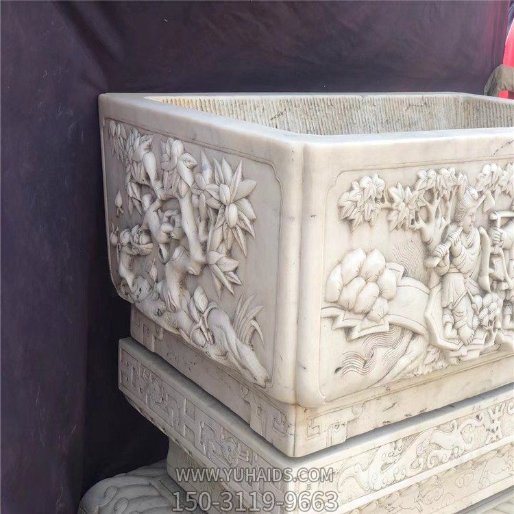 漢白玉浮雕大型庭院魚(yú)缸雕塑