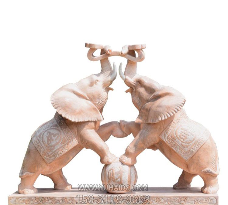 商廈室內創(chuàng)意晚霞紅石雕踩球頂如意的大象雕塑