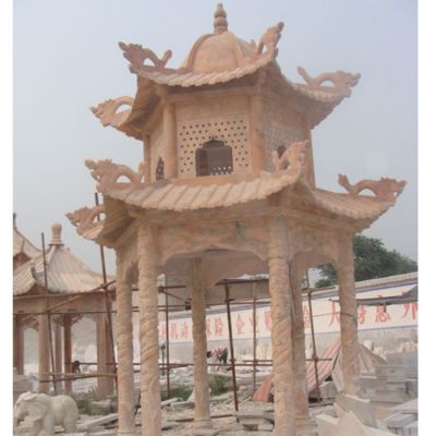 晚霞紅浮雕雙層園林景區(qū)擺放休閑涼亭石雕