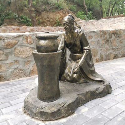 煎藥古代人物，中醫(yī)文化熬制中藥玻璃鋼仿銅情景雕塑