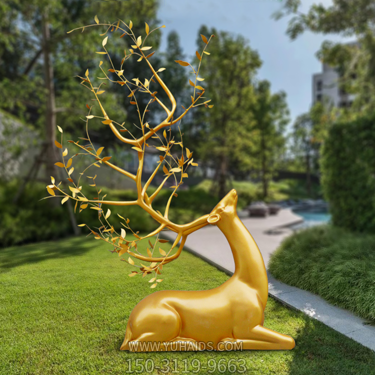 玻璃鋼金色創(chuàng)意梅花鹿，園林草坪動(dòng)物擺件雕塑