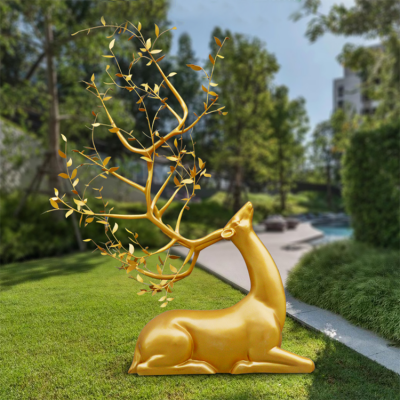 玻璃鋼金色創(chuàng)意梅花鹿，園林草坪動(dòng)物擺件