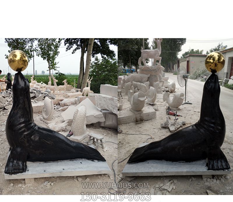 游樂場(chǎng)擺放的頂球的玻璃鋼噴漆海豹雕塑