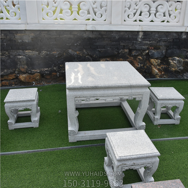 大理石石桌凳，石頭方桌，園林桌凳雕塑