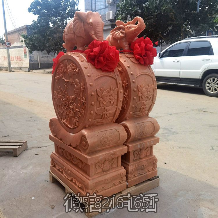 一對晚霞紅大象石門墩