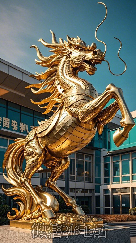 企業(yè)門口的金色不銹鋼龍馬雕塑