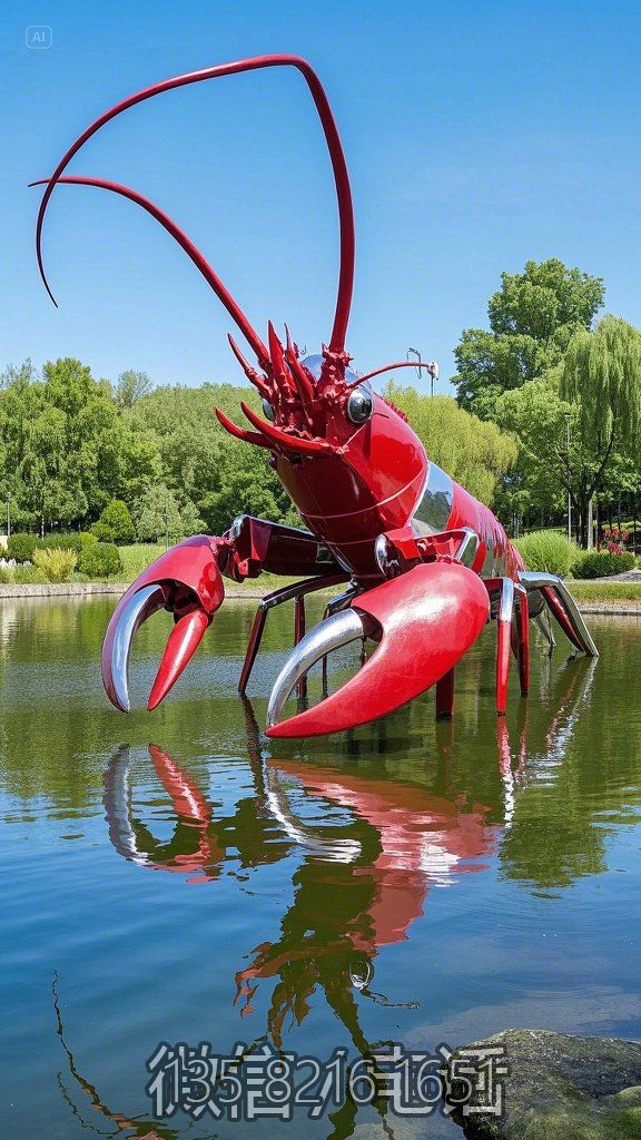 湖面創(chuàng)意不銹鋼仿真龍蝦雕塑