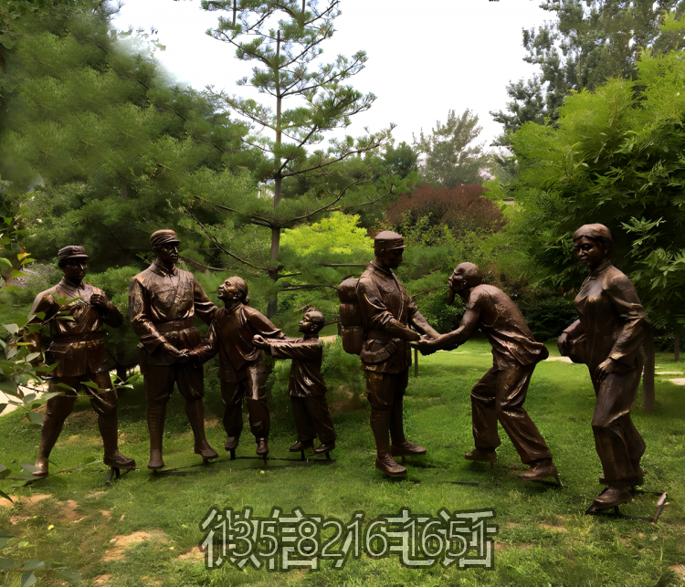 送別人物群雕 玻璃鋼仿銅解放軍戰(zhàn)士八路軍雕塑