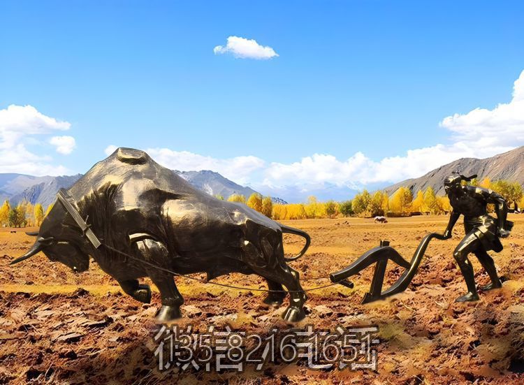 田園景觀裝飾擺件玻璃鋼仿銅定制民俗小品耕地牛雕塑