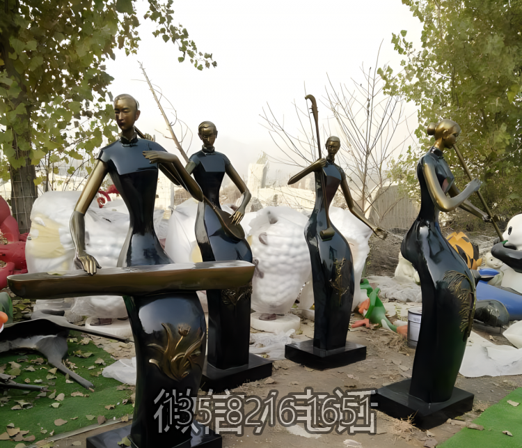 吹拉彈唱組合抽象音樂人物玻璃鋼仿銅雕塑