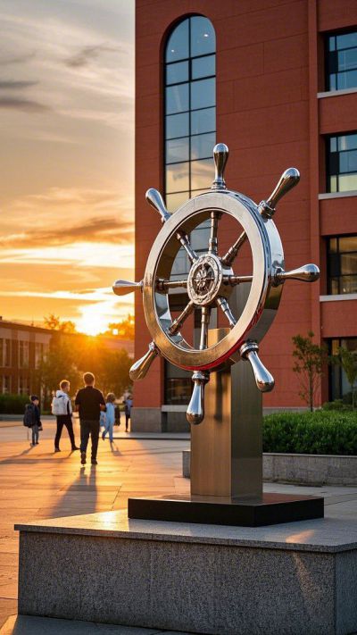 校園鏡面不銹鋼船舵雕塑
