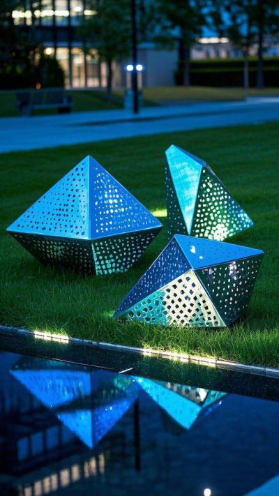 鏤空發(fā)光不銹鋼幾何石頭雕塑