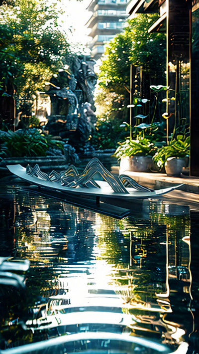 東方山水畫風(fēng)格不銹鋼小船雕塑