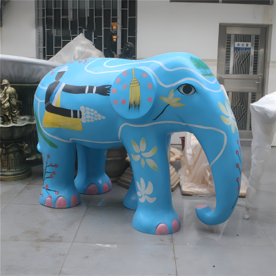 游樂(lè)園美陳落地?cái)[件玻璃鋼樹(shù)脂藍(lán)色涂鴉大象裝飾雕塑
