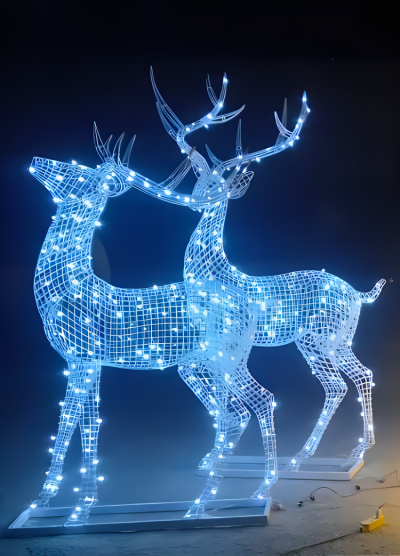 花園景觀裝飾擺件不銹鋼金屬網(wǎng)格抽象發(fā)光梅花鹿雕塑