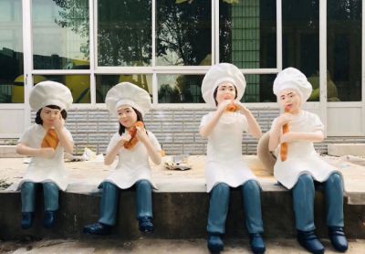 玻璃鋼卡通人物吃面包的面點廚師雕塑