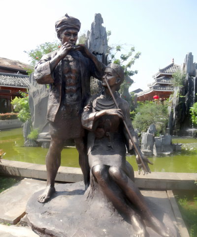 吹奏樂(lè)器的少數(shù)民族情景人物銅雕吹奏雕塑